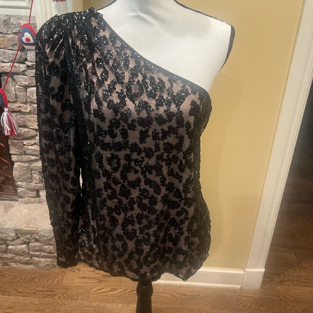 Express One-Shoulder Black Sequin Blouse